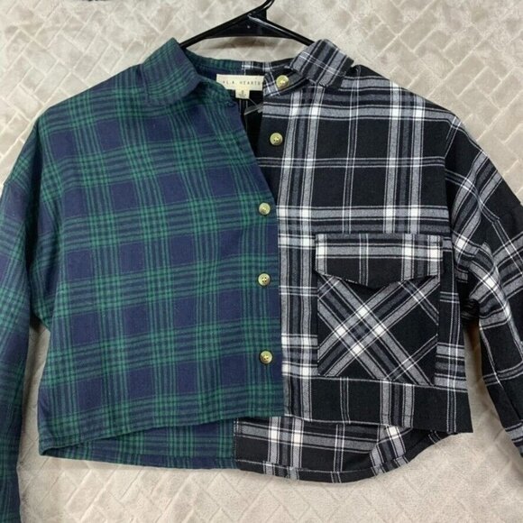 LA Hearts Womans S Crop Top Button Up Shirt Two Tone Plaid Long Sleeve Collared - Picture 2 of 16